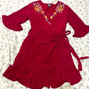 Angie embroidery burgundy wrap sexy dress large size